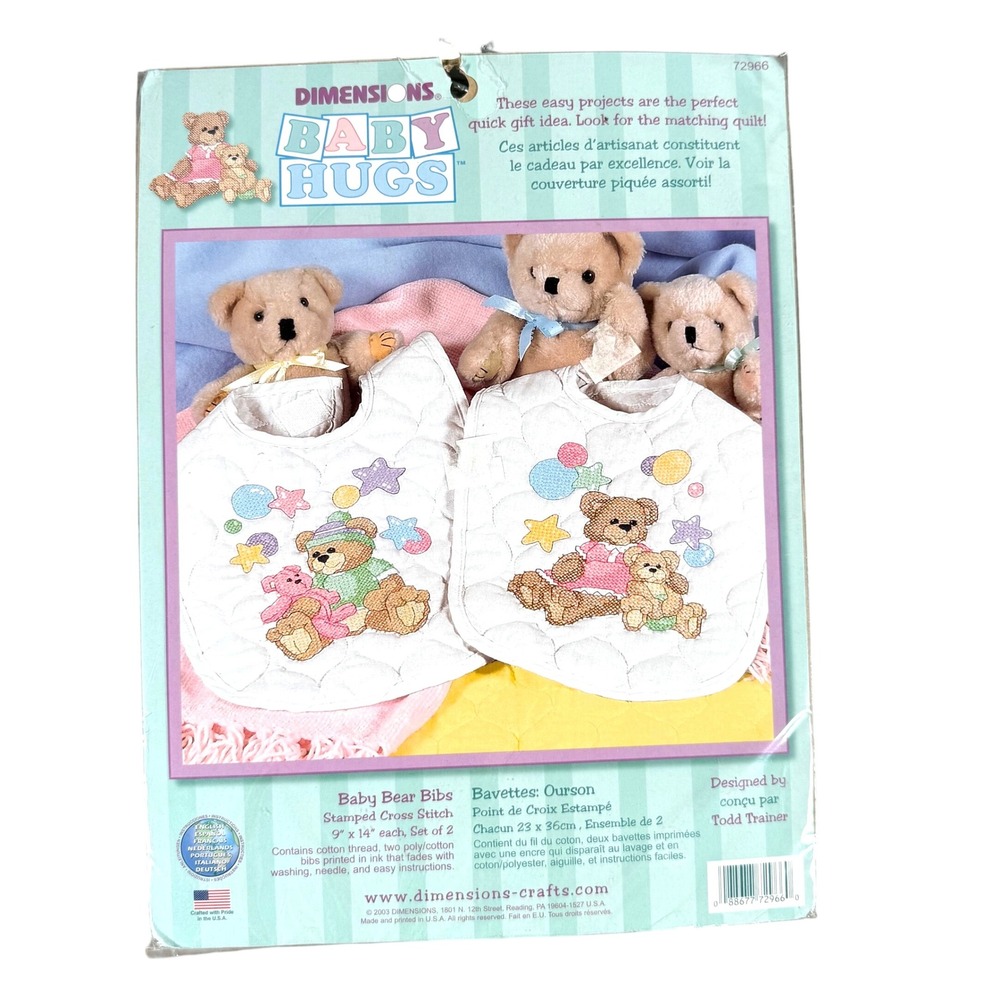 Dimensions Baby Hugs Baby Bear Bibs Stamped Cross Stitch Kit 72966 2003 USA